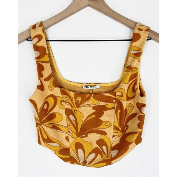 Zara Top Womens Medium Yellow Floral Cropped Retro 70s Funky Boho Fairy Festival - Picture 3 of 12